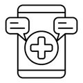 Smartphone with medical message thin line icon, emergency service concept. Vector graphics. Warning messages and plus
