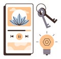 Smartphone with meditation app, keys for unlocking potential, and glowing light bulb for creative ideas Royalty Free Stock Photo