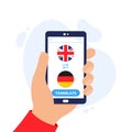 Mobile application for translating foreign languages. Online dictionary and translator app for smartphones. English-German online Royalty Free Stock Photo