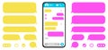 Smartphone with messaging app and message bubbles, blank SMS text frame, chat screen with set message template bubbles icons