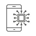 Smartphone With Microchip Line Icon. Mobile Technology And Processor Integration Outline Symbol. Digital Innovation And Royalty Free Stock Photo