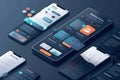 Smartphone mobile app interface mockup with ui active blocks and connections, ack of UI, UX, GUI screens for application. Phone