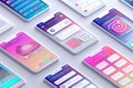 Smartphone mobile app interface mockup with UI, UX, GUI screens for application. Phone display creation of the user interface 3d