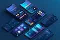 Smartphone mobile app interface mockup with UI, UX, GUI screens for application. Phone display creation of the user interface 3d