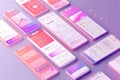 Smartphone mobile app interface mockup with UI, UX, GUI screens for application. Phone display creation of the user interface 3d