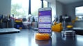 A smartphone with a mobile app open on the screen is shown standing upright on a desk.