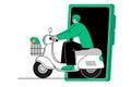 Smartphone mobile apps application order motorcycle delivery man courier bike cartoon flat illustration