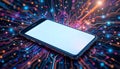 smartphone, mobile blank screen on a colorful technology background with a modern pattern. black phone on a high-tech digital