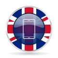 Smartphone, mobile phone british design web icon, round glossy english concept button on white background