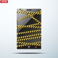 Smartphone, mobile phone wrapped danger tape. Royalty Free Stock Photo