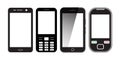 Smartphone, moblie phone set with white screen and black body, old and new smartphone and button phone, vector eps 10