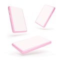 Smartphone mock up. Different angle of view to mobile phone. 3d pink template cellphone with transparent shadow