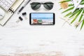 Smartphone mock up template with summer beach planning travel concept. Top view of planing travel and technology background