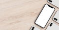 Smartphones Like IPhone X Mockup Banner With Copyspace Flat Lay Top View Lying On Wooden Office Desk