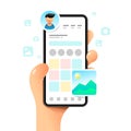 Smartphone mockup in human hand. App dashboard. Profile main screen. Vector colorful social media illustration