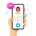 Smartphone mockup in human hand. Profile page with Like button. Vector colorful social media illustration