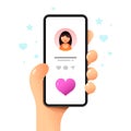 Smartphone mockup in human hand. Profile screen. Perfect love match. Vector colorful social media illustration