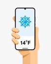 Smartphone mockup in human hand. Weather temperature application. Winter, snow, cold. EPS10 Vector