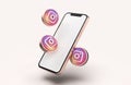 Smartphone mockup with instagram icons in realistic 3D rendering. Blank screen template