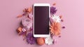 Smartphone mockup screen on purple pastel flowers background. Mockup mobile phone blank empty display flower shop app Royalty Free Stock Photo