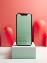 Smartphone mockup set against a clean, minimalist 3D background.