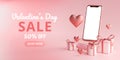 Smartphone Mockup Valentine Day Sale Love Heart Shape and Gift Box 3D Rendering