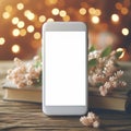 Smartphone with mockup white screen on blure bokeh background. ai generative