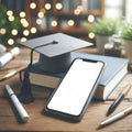 Smartphone with mockup white screen and graduation hat on it on blure bokeh background. ai generative