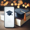 Smartphone with mockup white screen and graduation hat on it on blure bokeh background. ai generative