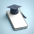 Smartphone with mockup white screen and graduation hat on it on blure bokeh background. ai generative