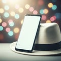 Smartphone with mockup white screen and hat on it, vibrary blure bokeh background. ai generative