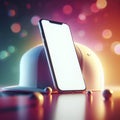 Smartphone with mockup white screen and hat on it, vibrary blure bokeh background. ai generative