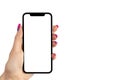 Smartphone mockup in woman hand. New modern black frameless smartphone mockup with blank white screen. Isolated on white backgroun Royalty Free Stock Photo