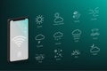 Smartphone model or smartphone screen template with weather forecast icons