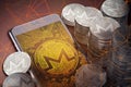 Smartphone with Monero on-screen among piles of Monero coins. Monero in danger concept.