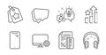 Smartphone, Monitor settings and Speech bubble icons set. Headphones, Credit card and Loyalty tags signs. Vector