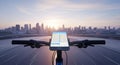 Smartphone mounted on bicycle handlebars displaying city map during beautiful sunset with urban skyline in background Royalty Free Stock Photo