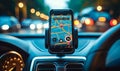 Smartphone mounted on a car dashboard displaying a navigation map application, indicating a destination point for a driver in a Royalty Free Stock Photo