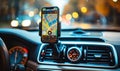 Smartphone mounted on a car dashboard displaying a navigation map application, indicating a destination point for a driver in a Royalty Free Stock Photo