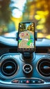 Smartphone mounted on a car dashboard displaying a navigation map application, indicating a destination point for a driver in a Royalty Free Stock Photo