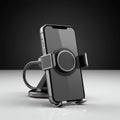 Smartphone mounted on a sleek, metallic stand with a circular grip. Stand features an