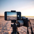 A smartphone mounted on a tripod taking photos for a time lapse while a professional DSLR camera captures high resolution images