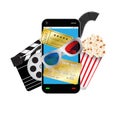Smartphone with movie object 3d glasses ticket film popcorn credit card