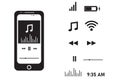 Smartphone Music Player. A set of icons within a music player. Icons of volume time battery life wifi signal forward backward