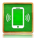 Smartphone network signal icon chalk board green square button slate texture wooden frame concept isolated on white background Royalty Free Stock Photo