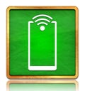 Smartphone network signal icon chalk board green square button slate texture wooden frame concept isolated on white background Royalty Free Stock Photo