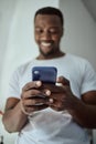 Smartphone, news and happy black man with loan application, credit score check or bank feedback and reading email on Royalty Free Stock Photo