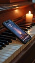 Smartphone with night sky screen resting on piano keys by candlelight Royalty Free Stock Photo