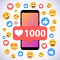 Smartphone with notification 1000 likes and smile for social media Royalty Free Stock Photo