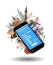 Smartphone online flight booking world landmark